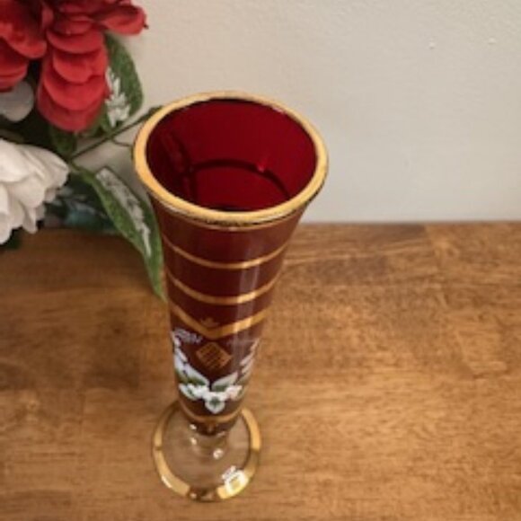 Vintage Red Gold Enameled Vase Hand Painted Floral Bohemian Czech Style Glass De - Picture 4 of 5